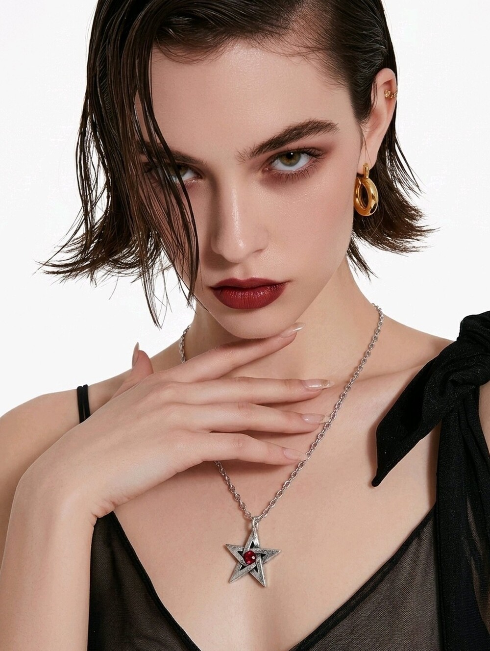 Alchemy Gothic Crystal Pentagram Pendant Red Star Pewter Symbol Necklace NWT
